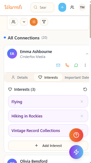 Warmli contact profile showing saved interests and relationship context